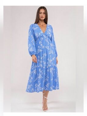 Gilli Blue Floral V-Neck Ruffle Maxi Dress